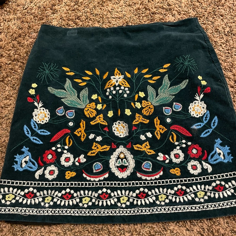 Dark Green Embroidered Mini Skirt